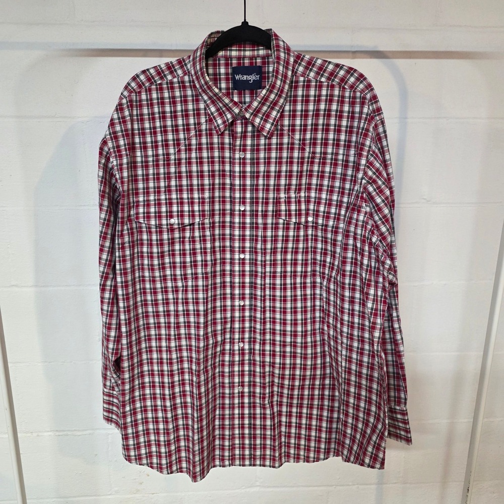 💲6️⃣ CLEARANCE Wrangler Men XXL Plaid Western‎ Pearl Snap Red Black Long Sleeve